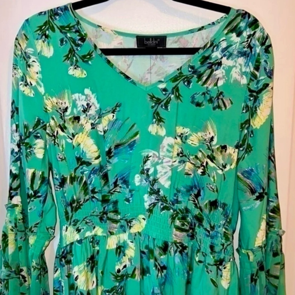 Belldini Teal Floral Long Sleeve Dress - Medium - Picture 2 of 10
